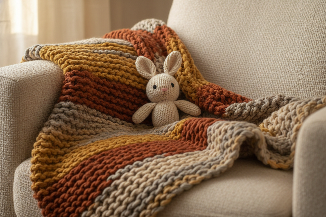 only show a warm and cozy chunky hand knitted blanket in chair with a stuffed hand knitted bunny